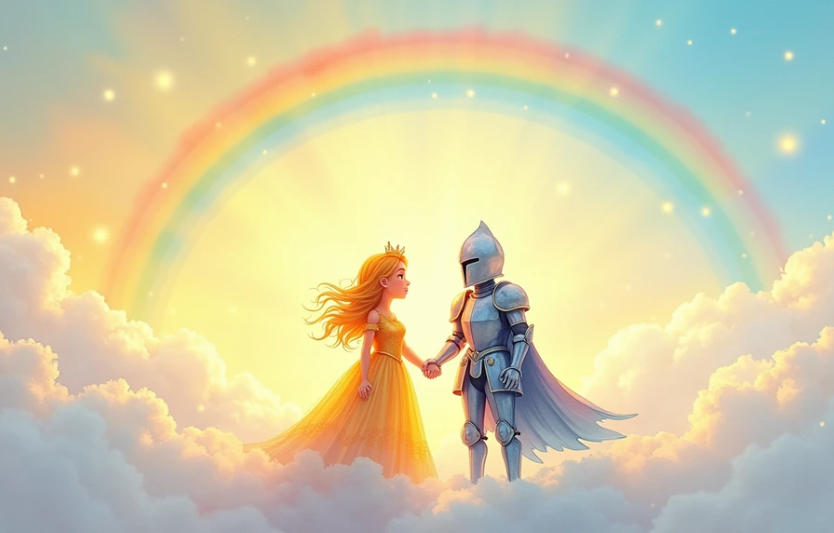 Сонячна Принцеса і Дощовий Лицар стоять поруч на хмарі, тримаються за руки, поруч сяє райдуга.